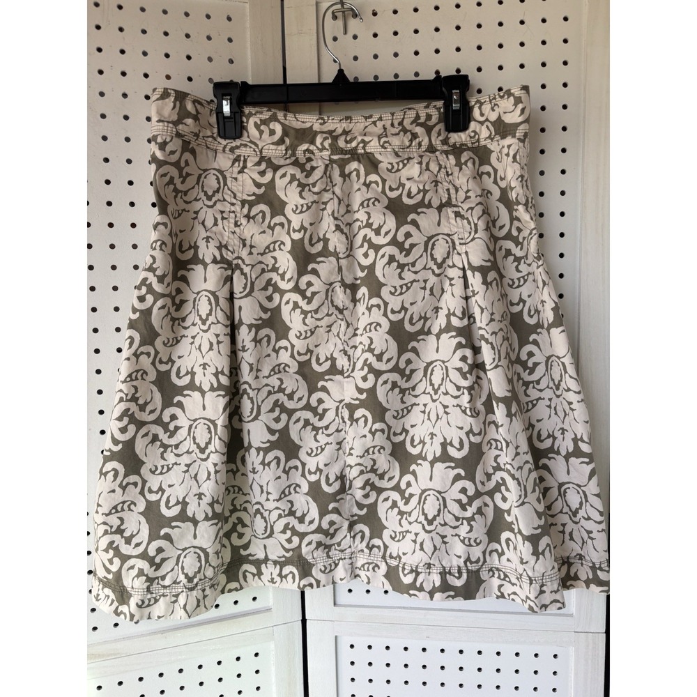 Merona Women's 16 Pleated A Line Skirt Green Ivory Damask Print